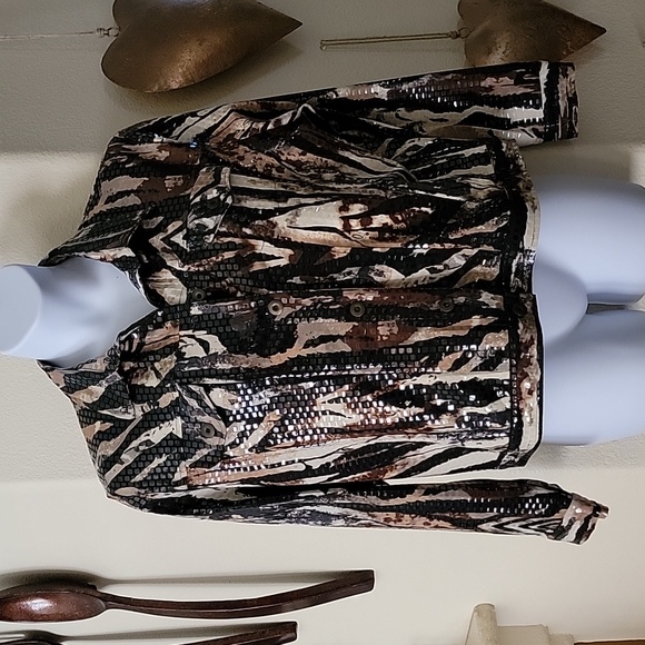 Vintage Sparkle Disco Style Jacket by Elementz black brown cream size L - Picture 2 of 12